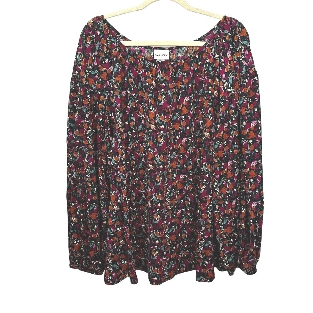 Ava &‎ Viv Floral Boho Peasant Blouse Womens Size 2X Balloon Sleeve Stretch Top